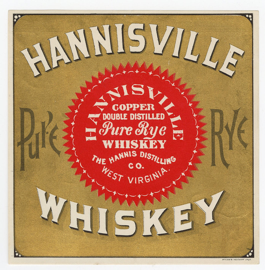 Old Vintage, Old HANNISVILLE Rye WHISKEY Label, GOLD, Copper Double Distilled - TheBoxSF