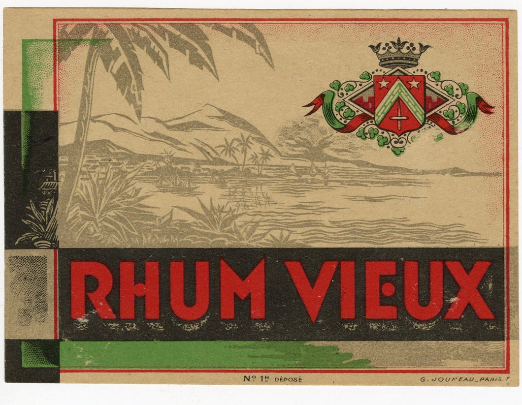 Antique, Unused French RUM VIEUX LABEL, Art Deco Design, Crest 