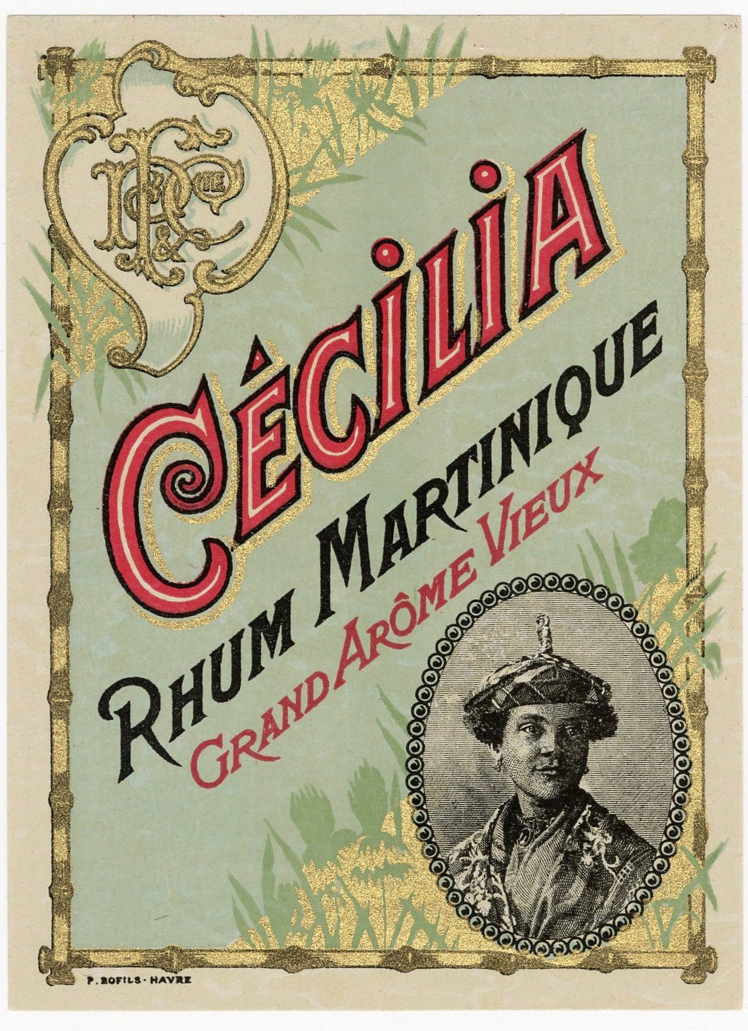 Antique, Unused, French CECILIA RHUM MARTINIQUE, Rum LABEL, Caribbean, Tiki