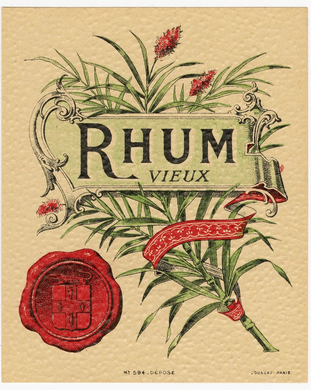 Antique, Unused French RHUM LABEL, Sugarcane Sprig, Textured Paper, Tiki