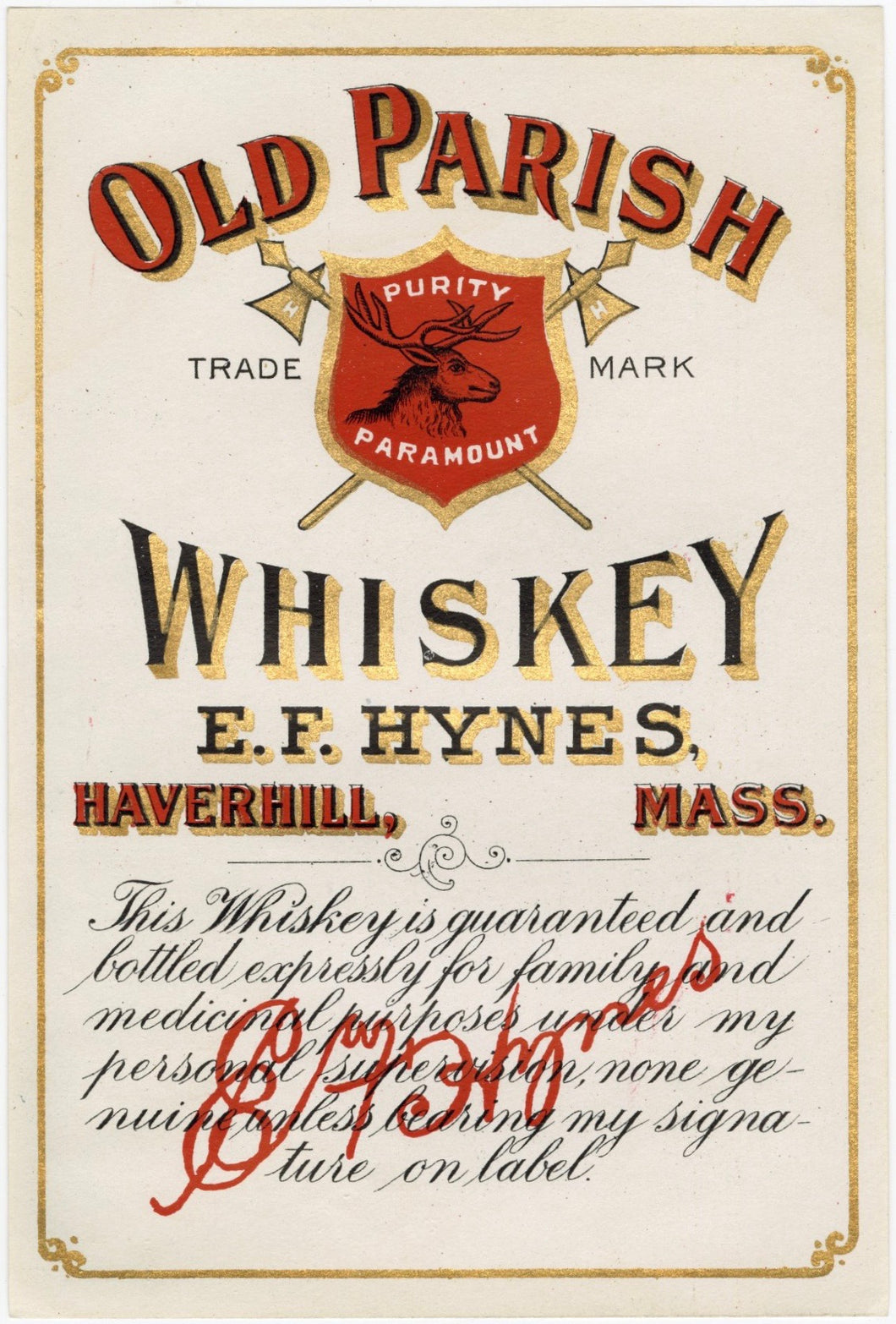 Vintage, Old Parish WHISKEY Label E.F. Hynes, Haverhill, Alcohol, Gold - TheBoxSF