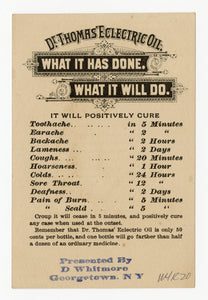 Victorian Dr. Thomas' Electric Oil, Quack Medicine Trade Card || Pharmacy