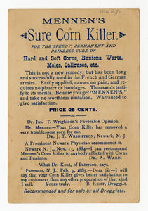 Victorian Mennen's Sure Corn Killer, Quack Medicine Trade Card || Pharmacy