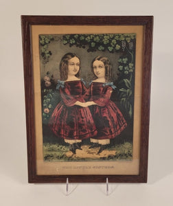 Antique CURRIER & IVES "The Little Sisters" Framed Lithograph, Original Print 