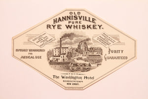 OLD HANNISVILLE Pure RYE WHISKEY Label || Bordertown, New Jersey, Vintage