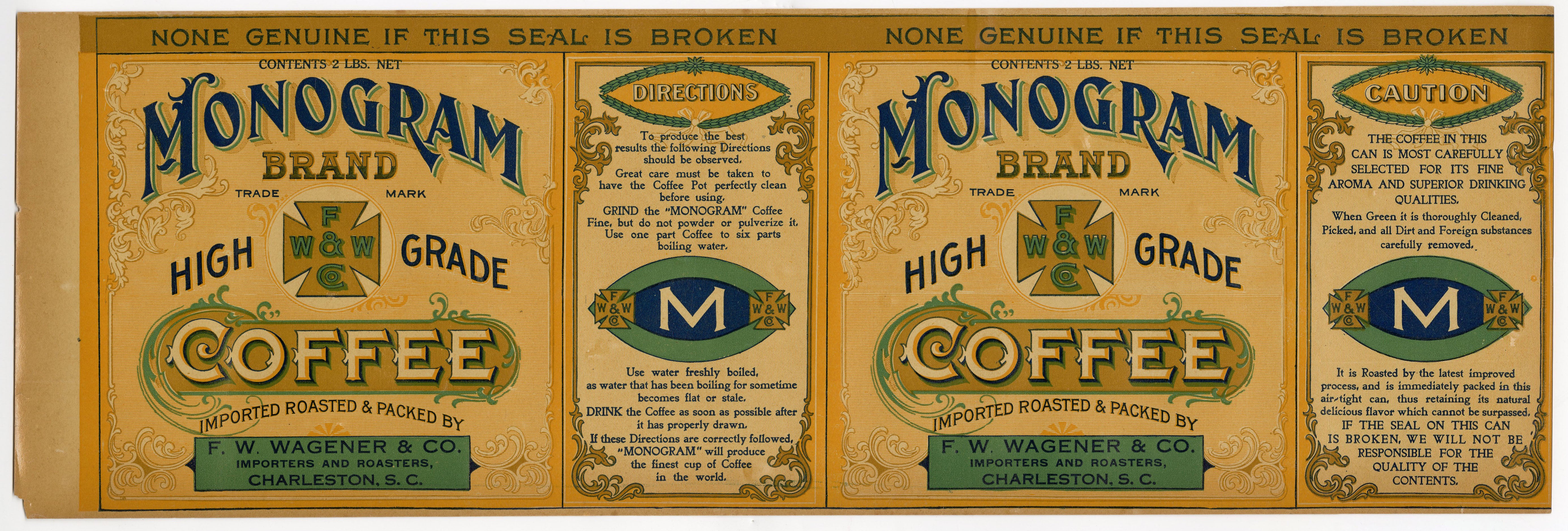 Early 1900's Monogram Brand Coffee Label Set of Two, FW Wagner
