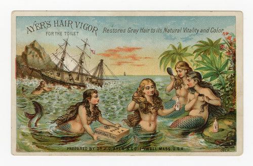Victorian Ayer's Hair Vigor Trade Card || Hair Restorer, Mermaids, Ocean, Ship
