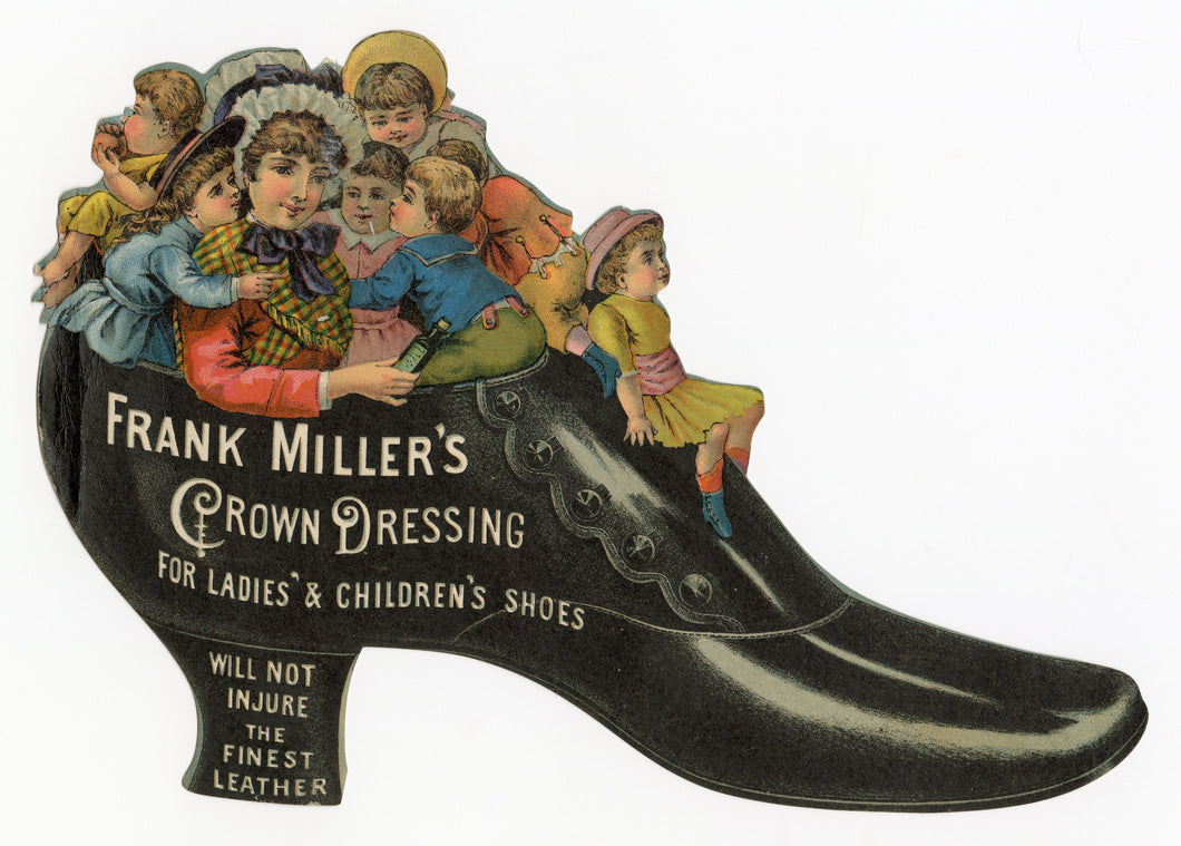 Victorian Frank Miller's Crown Dressing Shoe Polish Trade Card || Kids in Shoe