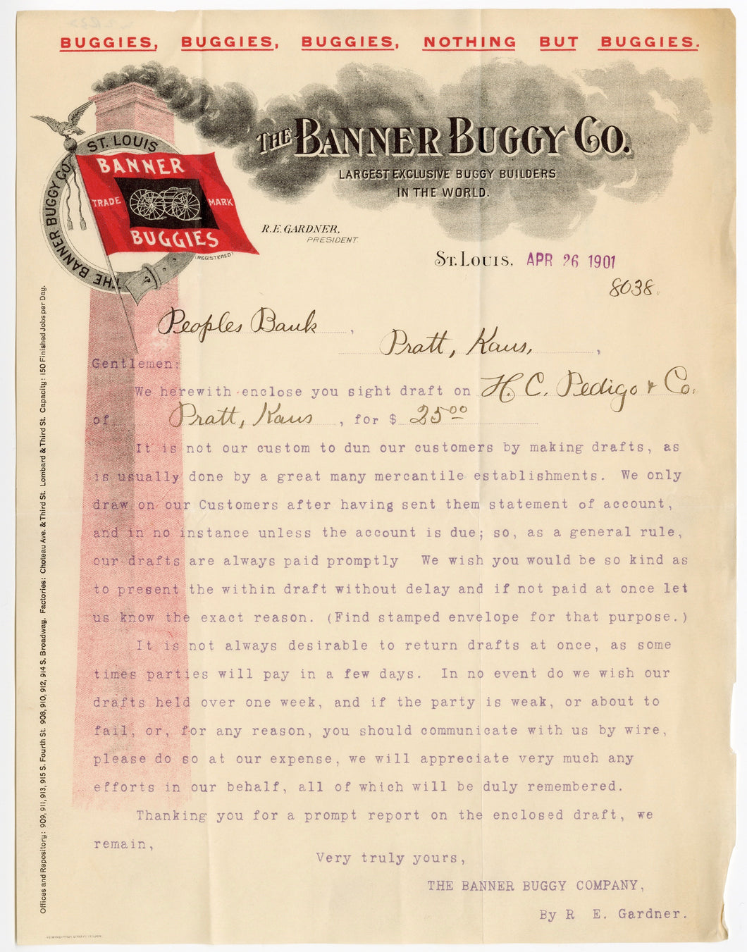 1901 BANNER BUGGY CO. LETTERHEAD, Color Document, Transport, Chimney