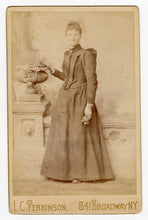Load image into Gallery viewer, Victorian CABINET CARD, Newark, New Jersey, L.C. Perkinson Printing Works || Woman holding Flowers