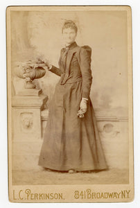 Victorian CABINET CARD, Newark, New Jersey, L.C. Perkinson Printing Works || Woman holding Flowers