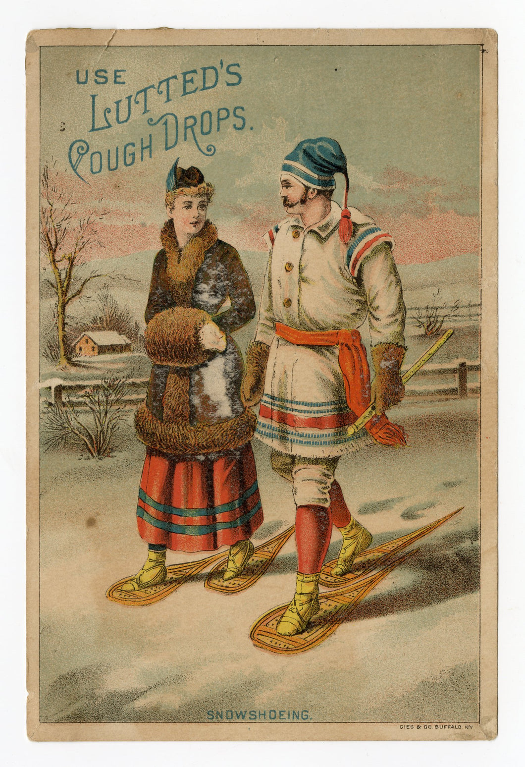 Victorian Lutters' Cough Drops, Medicine Trade Card || Snowshoeing