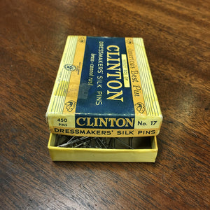 Box of CLINTON Dressmakers SILK Pins, Brass, America - TheBoxSF