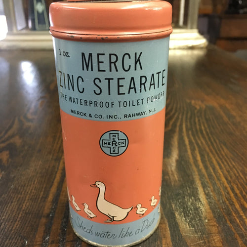 Old Merck ZINC Stearate, Waterproof Toilet POWDER, Empty TIN, Ducks - TheBoxSF