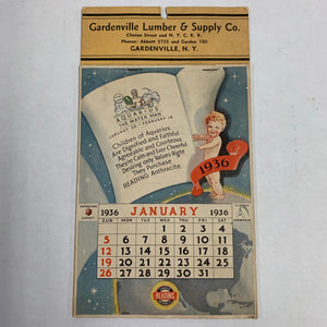 Gardenville Lumber & Supply Co. 1936 CALENDAR || Aquarius, Reading Famous Anthrocite