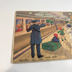1920's Children's J.W. SPEAR TRAIN STATION GAME BOARD, "Right Away," Railroad