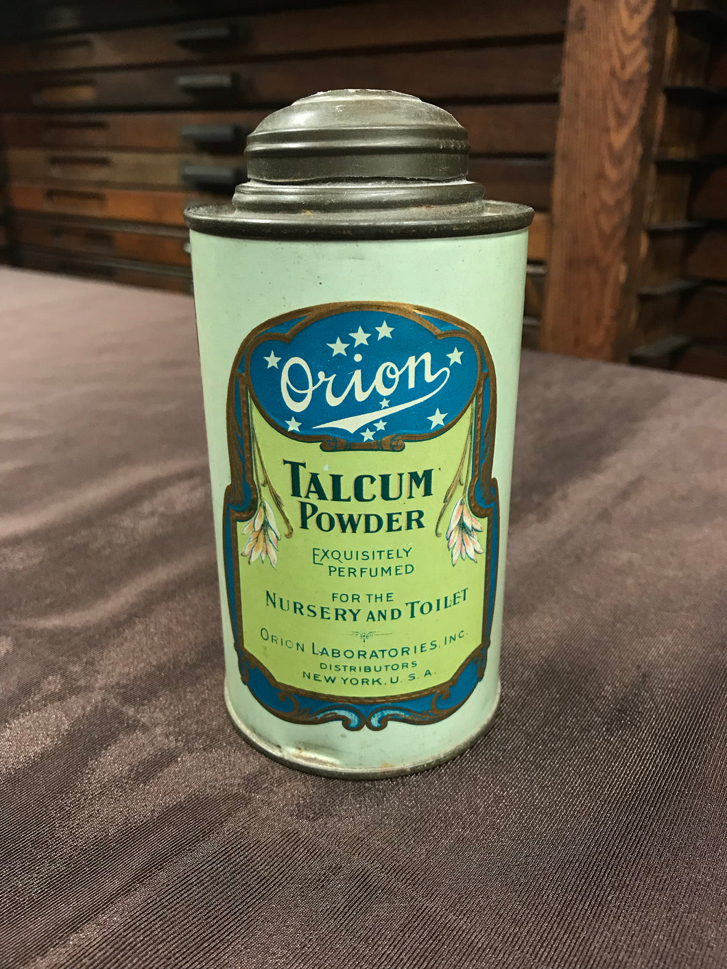 Beautiful Antique Orion Talcum Powder Tin Packaging from New York, NY - TheBoxSF
