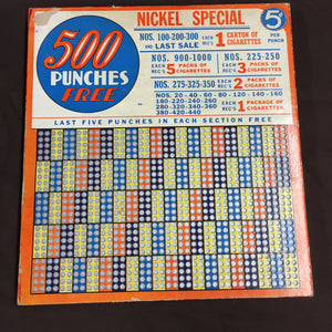 Vintage CIGARETTE PUNCH BOARD, 500 Punches Free, Nickel Special, Lottery
