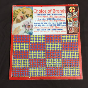Vintage Choice of Brands CIGARETTES Punch Board, Lottery, Kool, Camel