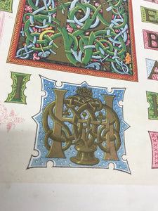 Closeup of bookplate featuring illuminated letters