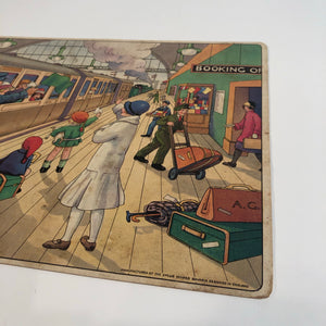 1920's Children's J.W. SPEAR TRAIN STATION GAME BOARD, "Right Away," Railroad