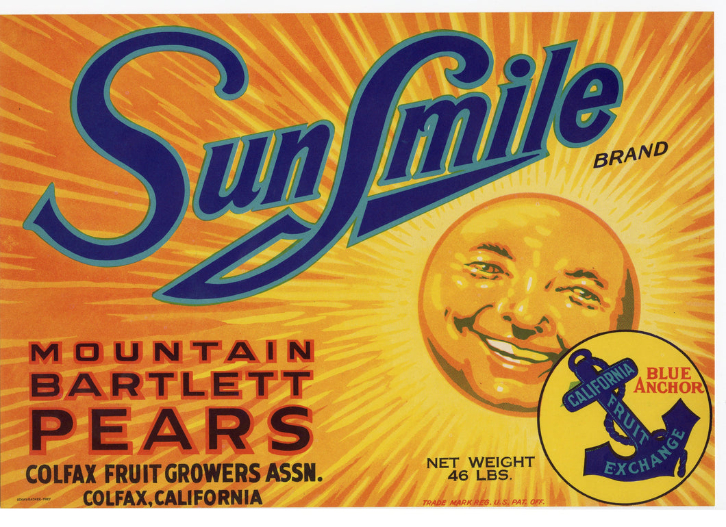 1930's SUN SMILE Mountain Bartlett PEARS FRUIT Label, Colfax, California