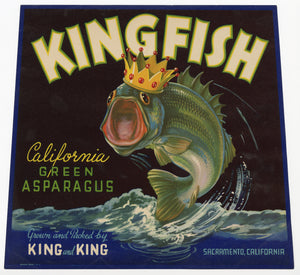 KING FISH California Green Asparagus Crate Label, Sacramento, California