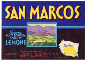 Vintage, Unused SAN MARCOS Lemon Fruit Crate Label || Goleta, Ca.