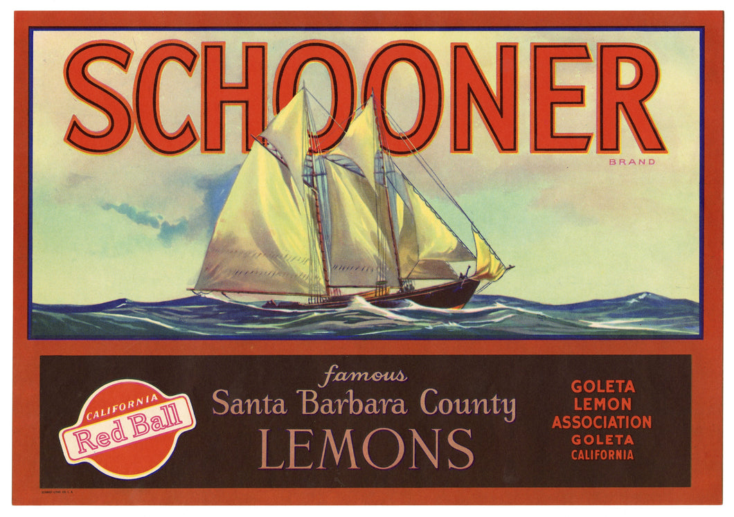 Vintage, Unused SCHOONER Brand Lemon Fruit Label || Goleta, Ca.