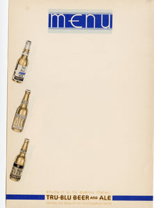 Art Deco TRU-BLU Beer and Ale Menu Blank Paper, Pennsylvania Dutch