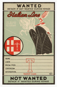 Unused ITALIAN LINE Passenger Steamship Luggage LABEL, Tourist Class || "The De Luxe Gateway to All Europe"