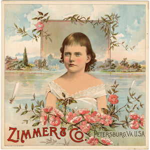 GIRL WITH FLOWERS Caddy Crate Label || ZIMMER & Co, Petersburg, Virginia, Old, Vintage - TheBoxSF