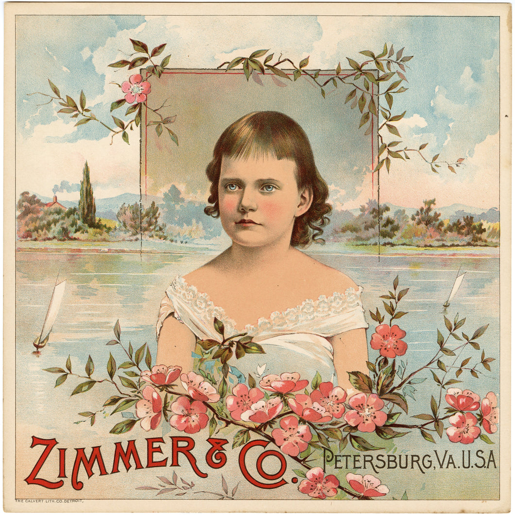 GIRL WITH FLOWERS Caddy Crate Label || ZIMMER & Co, Petersburg, Virginia, Old, Vintage - TheBoxSF