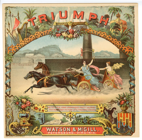 TRIUMPH Caddy Label || Watson and McGill, Calvert Co. Lithograph, Old, Vintage, Horses - TheBoxSF