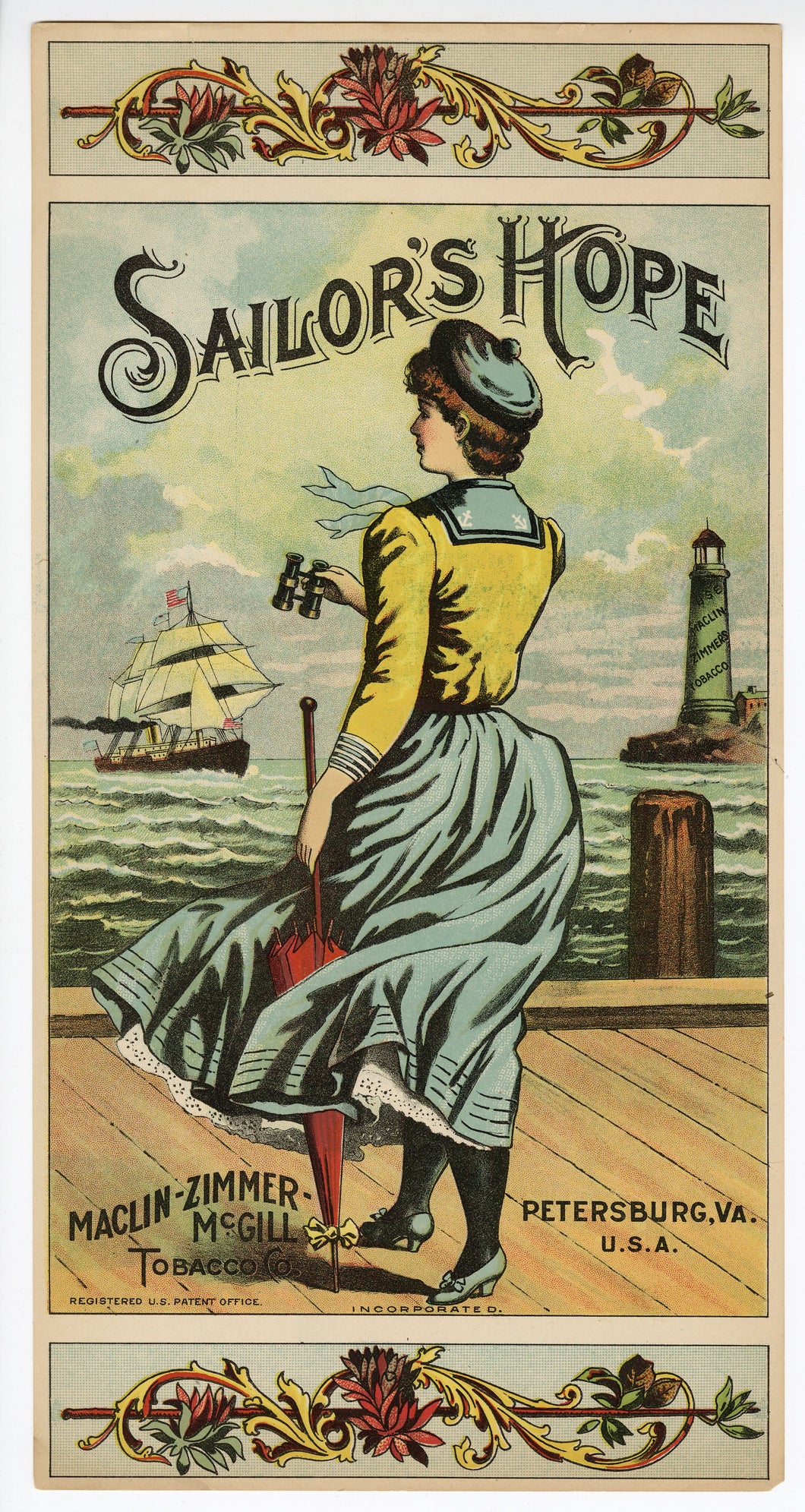SAILOR'S HOPE Caddy Label || Maclin-Zimmer McGill, Petersburg, Virginia, Woman Looking out to Sea, Old, Vintage - TheBoxSF