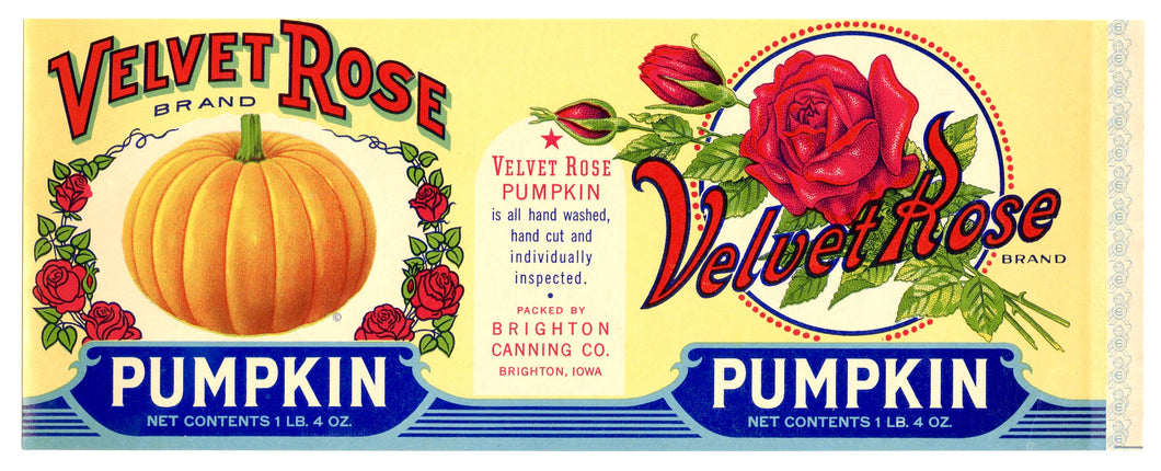 VELVET ROSE Brand Canned PUMPKIN LABEL || Brighton Canning Co., Brighton, Iowa
