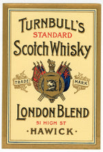 Load image into Gallery viewer, JAMES TURNBULL SCOTCH WHISKY Three Labels &amp; Brochure || CELEBRATED BLEND, RARE OLD LIQUEUR, TRADEMARK LONDON BLEND, Hawick, Edinburgh, Leith, Scotland, Vintage - TheBoxSF