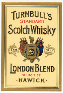 JAMES TURNBULL SCOTCH WHISKY Three Labels & Brochure || CELEBRATED BLEND, RARE OLD LIQUEUR, TRADEMARK LONDON BLEND, Hawick, Edinburgh, Leith, Scotland, Vintage - TheBoxSF