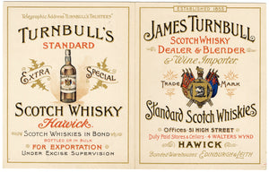 JAMES TURNBULL SCOTCH WHISKY Three Labels & Brochure || CELEBRATED BLEND, RARE OLD LIQUEUR, TRADEMARK LONDON BLEND, Hawick, Edinburgh, Leith, Scotland, Vintage - TheBoxSF
