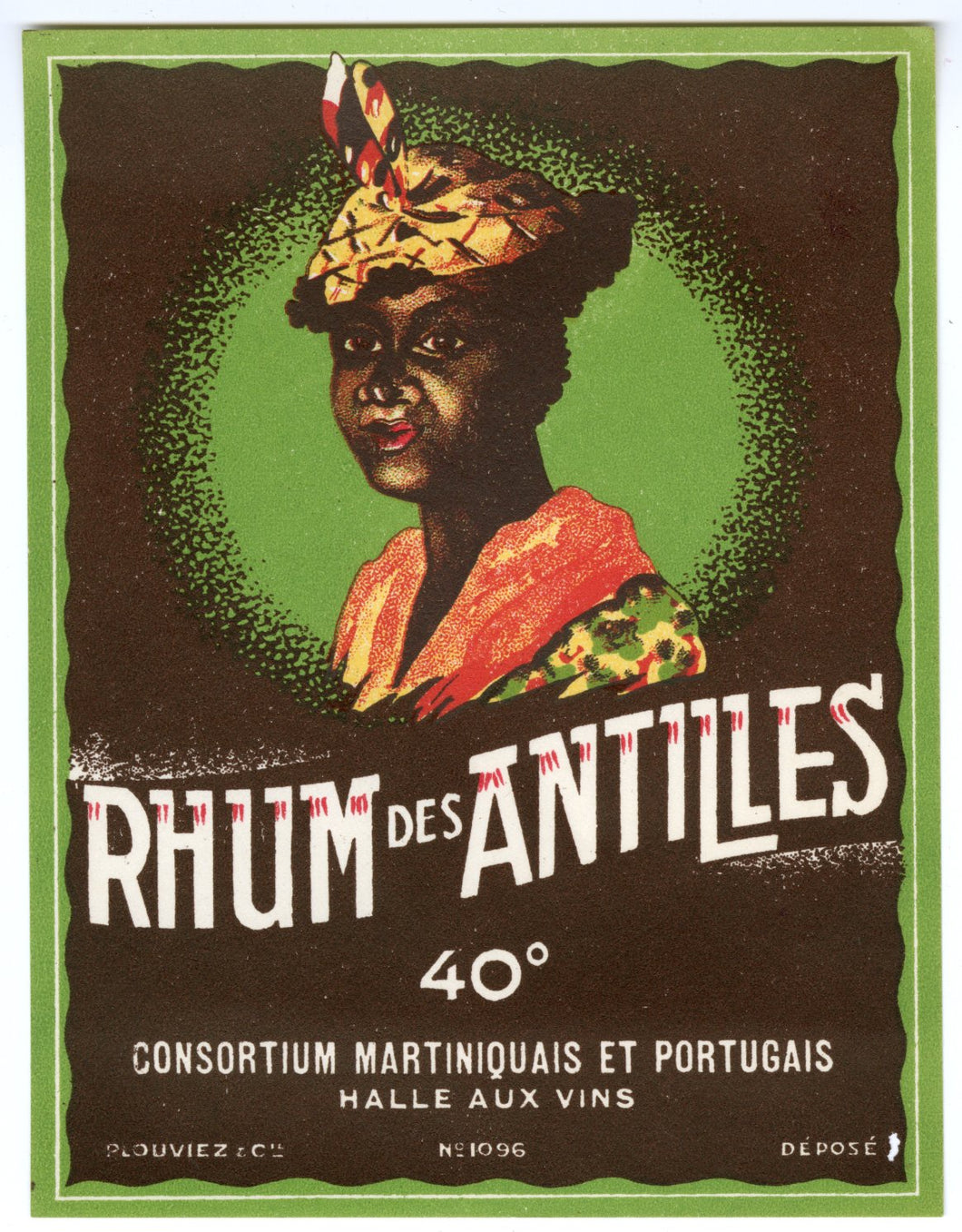 Antique, Unused, French RHUM DES ANTILLES, Rum Label, Martinique, Tiki