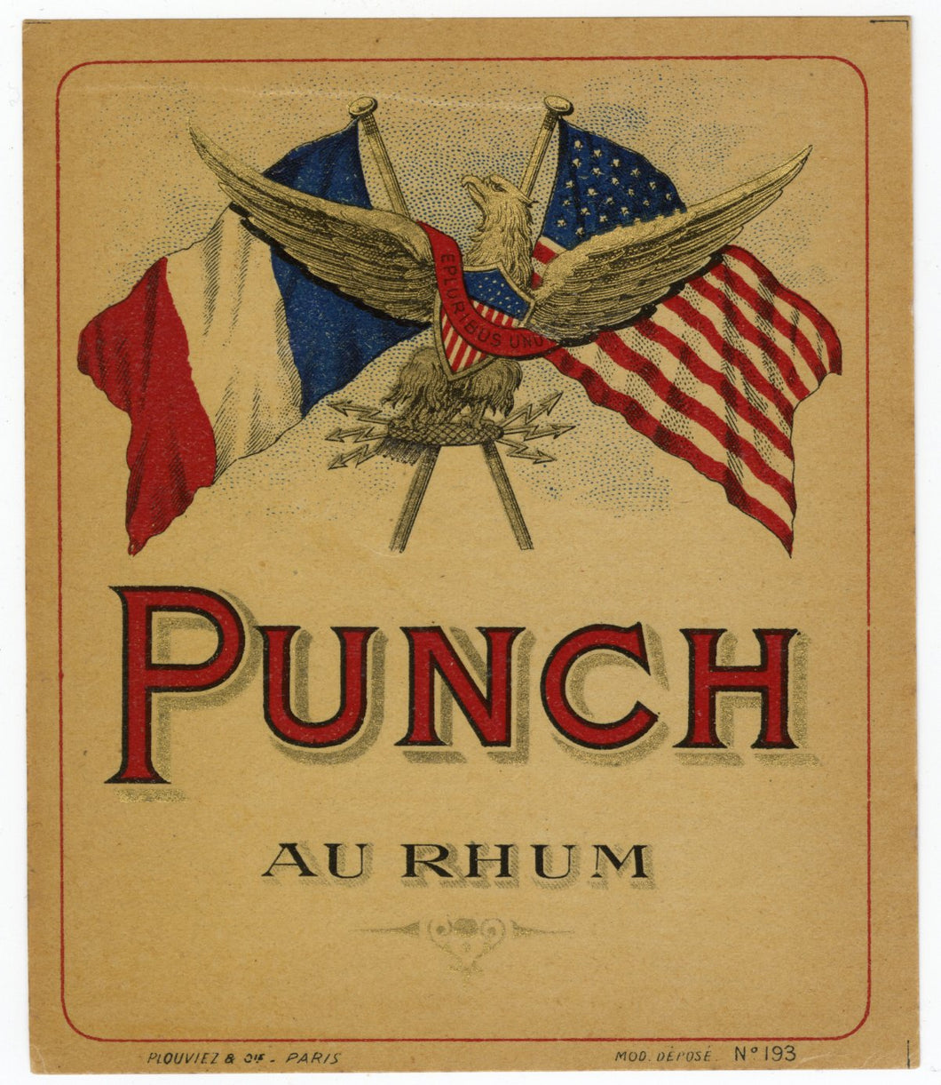 Antique, Unused, French PUNCH AU RHUM No. 193 Rum LABEL, America, Caribbean