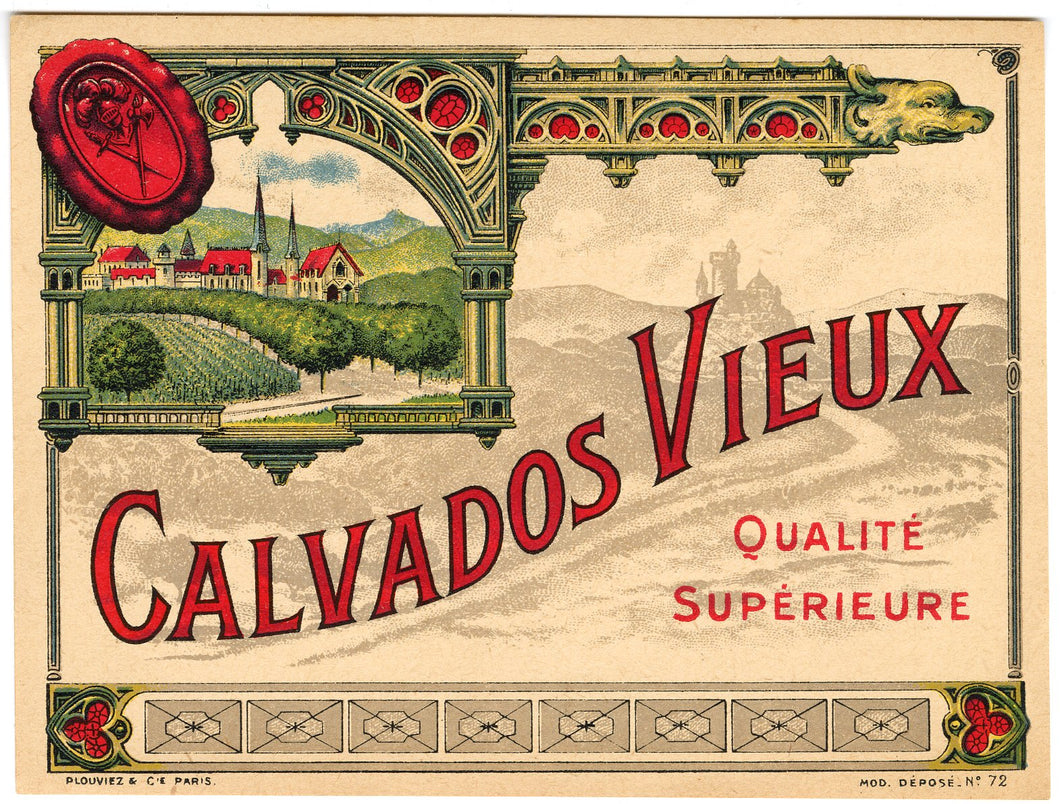 Antique, Unused, French CALVADOS VIEUX LABEL, Hard Cider, Castle