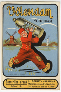 Antique, Unused, Dutch VOLENDAM SCHIEDAM Label, Alcohol, Gin, Windmill