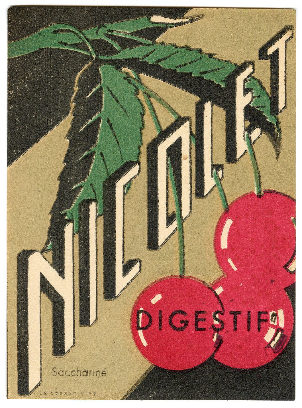 Antique, Unused French Nicolet ,Alcohol Label,Cherries