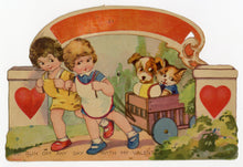 Load image into Gallery viewer, Antique 1920&#39;s MECHANICAL VALENTINE || Children Pulling Cart with Dog and Cat