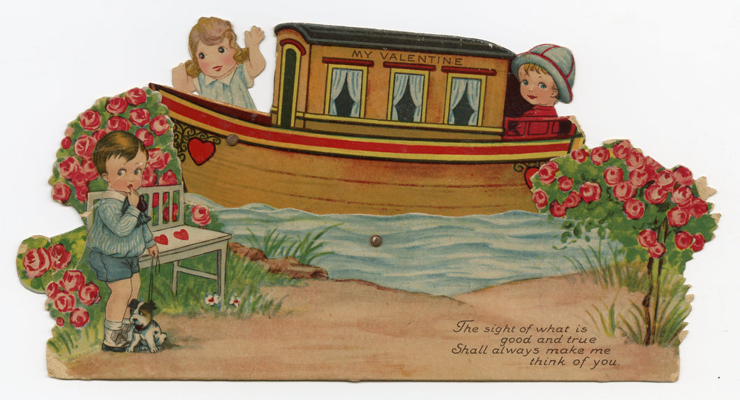 Antique 1920's MECHANICAL Love Boat VALENTINE || Three Children and Boat