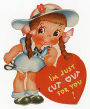 Load image into Gallery viewer, Antique 1930&#39;s-1940&#39;s VALENTINE Little Girl with Scissors || &quot;I&#39;m Just Cut Out For You&quot;
