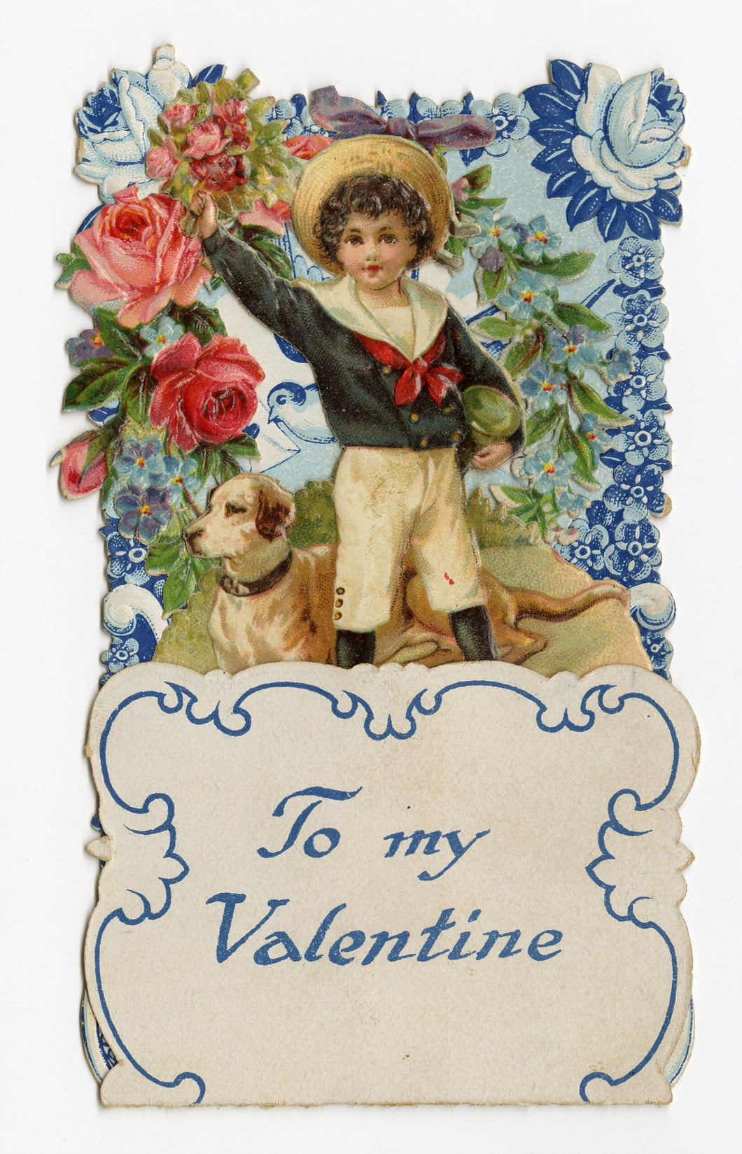 Antique 1920's Fold-Out Crepe Paper Doily VALENTINE || Little Boy and Dog Pop-Up