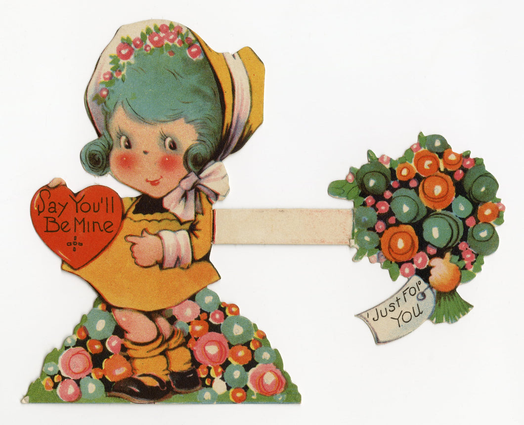 Antique Fold-Out 1920's VALENTINE, Little Girl with Blue Hair || 