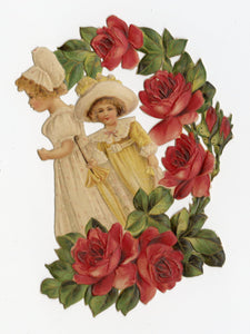 Antique 1910's-1920's Embossed VALENTINE/ SCRAP || Two Girls Surrounded By Flowers